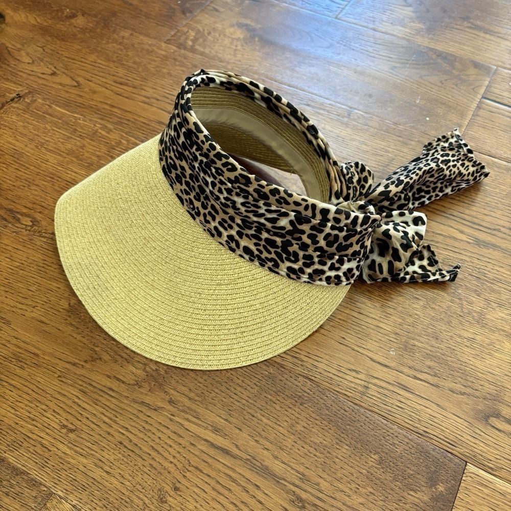 August Hat Company Straw Visor Sun Hat Animal Print Adjustable Tie Beach Travel - Picture 3 of 11